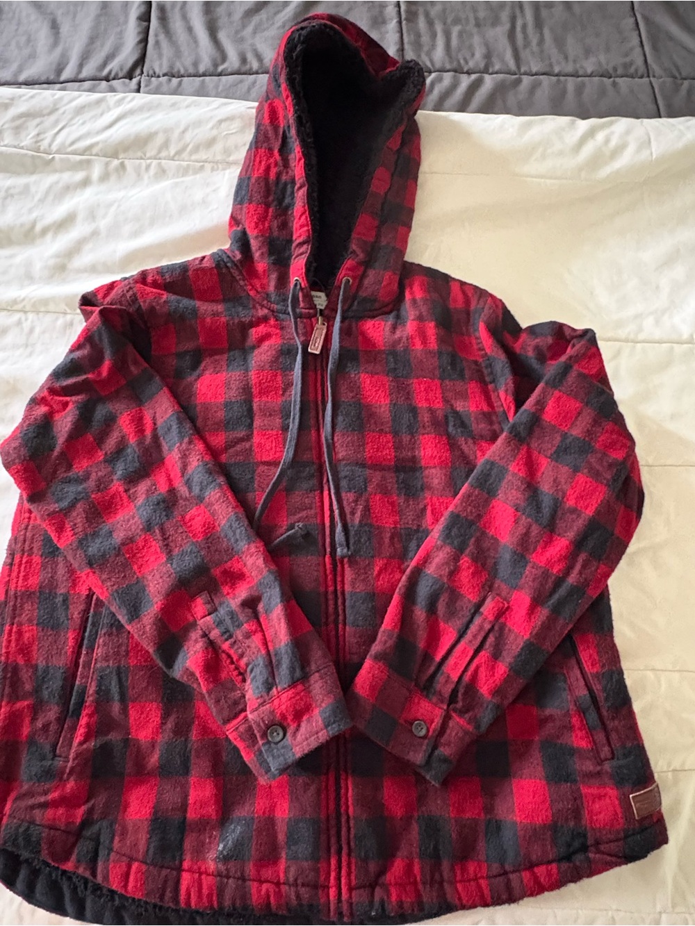 L.L. Bean Red and Black Plaid Hooded Shirt Jacket